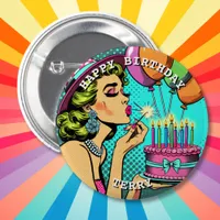 Retro Pop Art Pinup Woman Personalized Birthday   Button