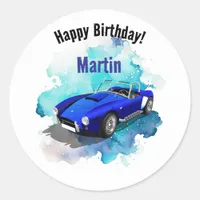 Classic Retro Blue Sports Car Birthday Adventure Classic Round Sticker