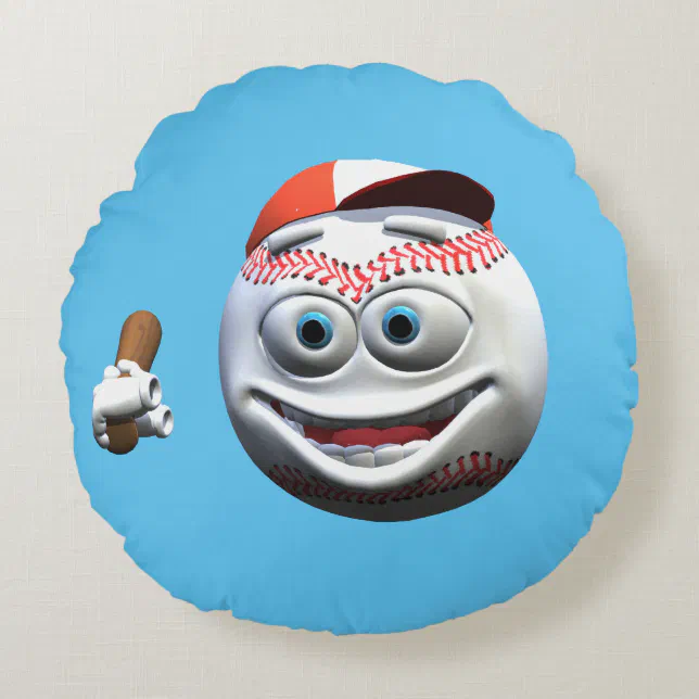 Funny Cartoon Baseball with Bat Round Pillow