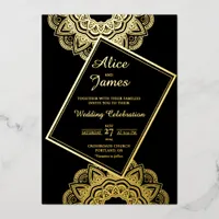 Tilted Frame Mandala Black Gold Foil Wedding Invitation