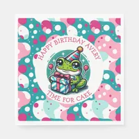 Cute Frog Themed Girl's Personalized Birthday Napkins