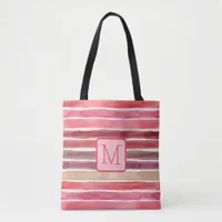 Watercolor Stripes Pink Color Block Monogram Tote Bag
