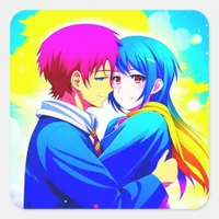 Anime Couple Hugging Pink and Blue Square Sticker