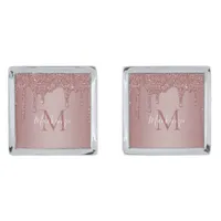 Chic Rose Gold Sparkle Glitter Drips Monogram Cufflinks