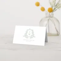 Sage Green Monogram Floral Crest Elegant Wedding Place Card