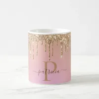 Glam Gold Glitter Drips Elegant Monogram  Coffee Mug