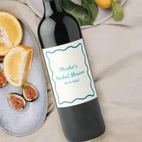 Teal Wavy Border Whimsical Bridal Shower Cute Wine Label