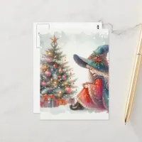 A Cute Witch and a Yule Tree Postcard