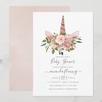 Blush and Rose Gold Floral Unicorn Baby Shower Invitation