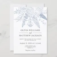 Simple Modern Classic Blue Floral Wedding Invitation