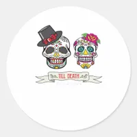 Skull Wedding Bride and Groom Till Death Print Classic Round Sticker