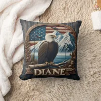 Eagle With Mountains & Flag Throw Pillow