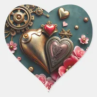 Gold Metal Hearts and Gears Steampunk Heart Sticker