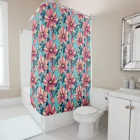 Pink and Blue Large Flowers Pattern Shower Curtain