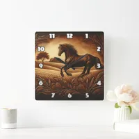 Brown Horse Galloping Across Golden Fields Square Wall Clock