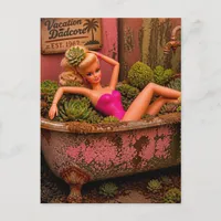 Funny Doll in a Bathtub of Plants Fun Garden Art Postcard