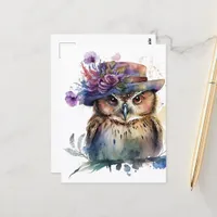 Adorable Watercolor Owl in a Hat Postcard