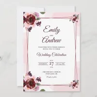 Burgundy Geometric Floral Watercolor Wedding Invitation