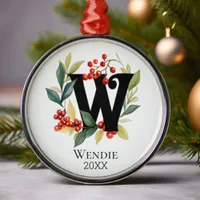 Monogram Initial Letter W Berry Wreath Christmas Metal Ornament