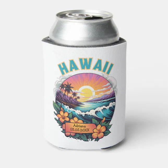 Sunset at Hawaii Beach Mountains Tropical Plumeria Can Cooler