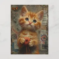 Adorable Ginger Kitten With Yarn Mixed Media Postcard