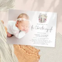 Pink Florals Foliage Cross Photo Christening  Invitation