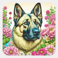 German Shepherd in Pink Flowers Ai Art Square Sticker