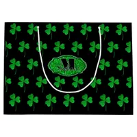 Green Sparkly Shamrocks Monogrammed St Patrick Large Gift Bag