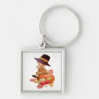 Vintage Pilgrim Boy Praying on Pumpkin Keychain