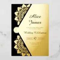 Geometric Mandala Elegant Black Gold Foil Wedding Invitation
