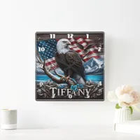 'Eagle on Branch With Flag Background' Square Wall Clock