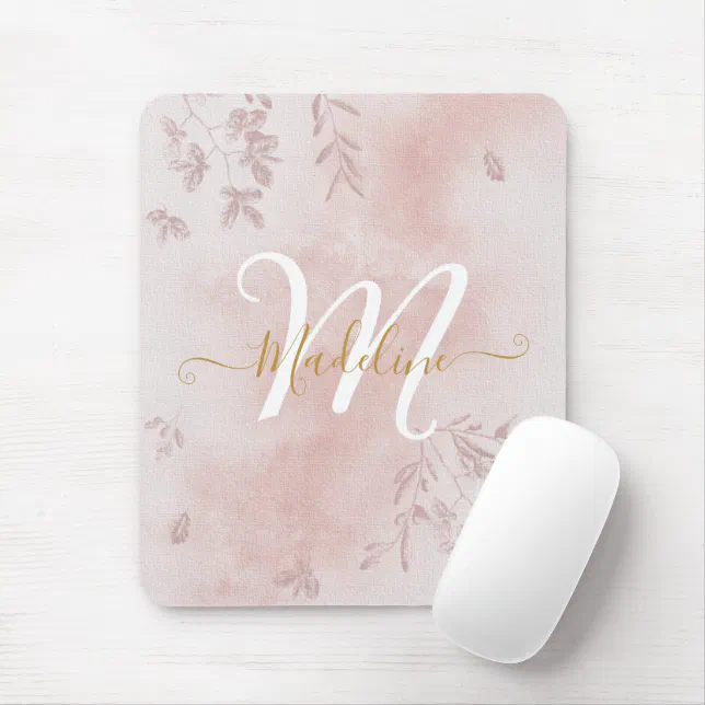 Watercolor Botanical Leaves Foliage Pink Monogram Mouse Pad