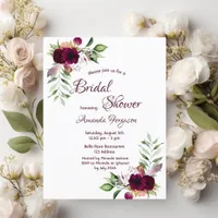 Burgundy florals gold greenery boho bridal shower postcard