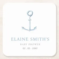 Watercolor Anchor Nautical Blue Beach Baby Shower Square Paper Coaster