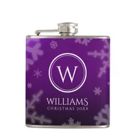 Festive Purple Foil Snowflakes Monogram Name Flask