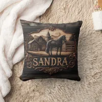 Wooden Plaque Featuring Horse and Farm Landscape Throw Pillow