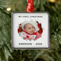 Cute Personalized Photo Name Year First Christmas Metal Ornament