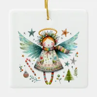 Whimsical Christmas Angel Modern Folk Art Style Ceramic Ornament