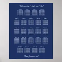 Navy Blue 23 Table Wedding Seating Chart Poster