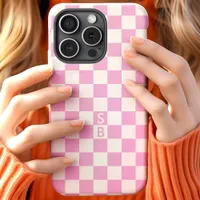 Monogrammed Pink And White Checkerboard Pattern iPhone 15 Case