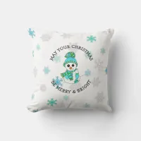 Merry Christmas Whimsical Snowman and Snowflake Throw Pillow