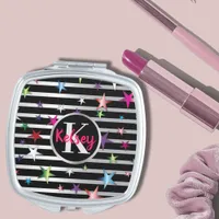 Shiny Stars On Black and Silver Stripes with Name  Compact Mirror