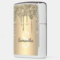 Girly Gold Glitter Sparkle Drip Monogram Name Zippo Lighter