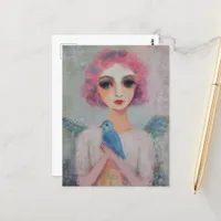 Angel Woman with pink hair and a blue bird Postcard