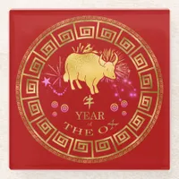 Chinese Zodiac Ox Red/Gold ID542 Glass Coaster