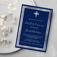 First Communion navy blue silver cross Invitation