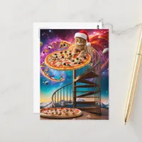 A Funny Surreal Santa Hat Christmas Pizza Cat Postcard