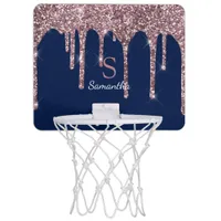 Rose Gold Pink Glitter Drips Navy Monogram Name Mini Basketball Hoop