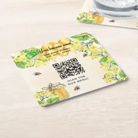 Bumble bees honey yellow floral business qr code square paper coaster