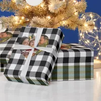 Modern Black & White Buffalo Plaid Christmas Photo Wrapping Paper